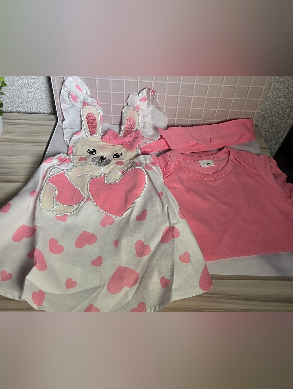 Baby Girl Pink Heart Bunny Dress & Onesie Set